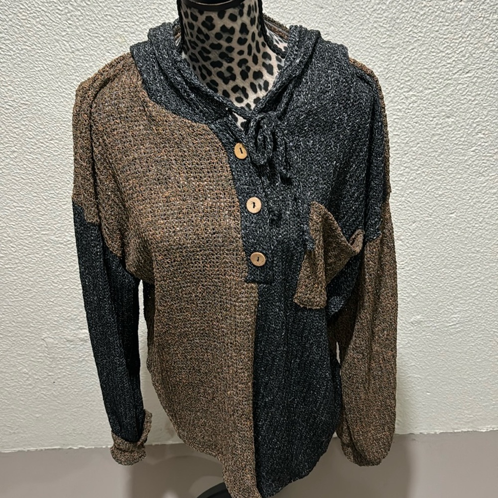 Brown & blue mixed media hooded sweater with button front & pocket for accent